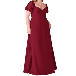 Azazie Burgundy Midi Dress with Puff Sleeves